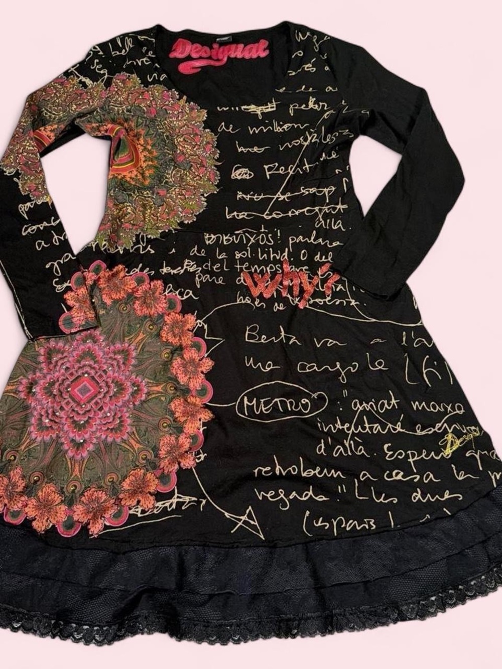 Desigual Black Dress with Pink and Orange Mandala Prints